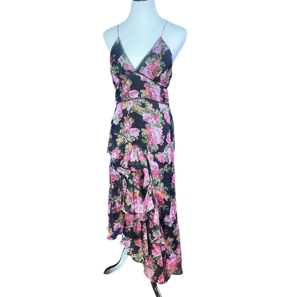 Keepsake the Label Floral Ruffle High Low Midi Dress Black Pink USA‎ 8 Large